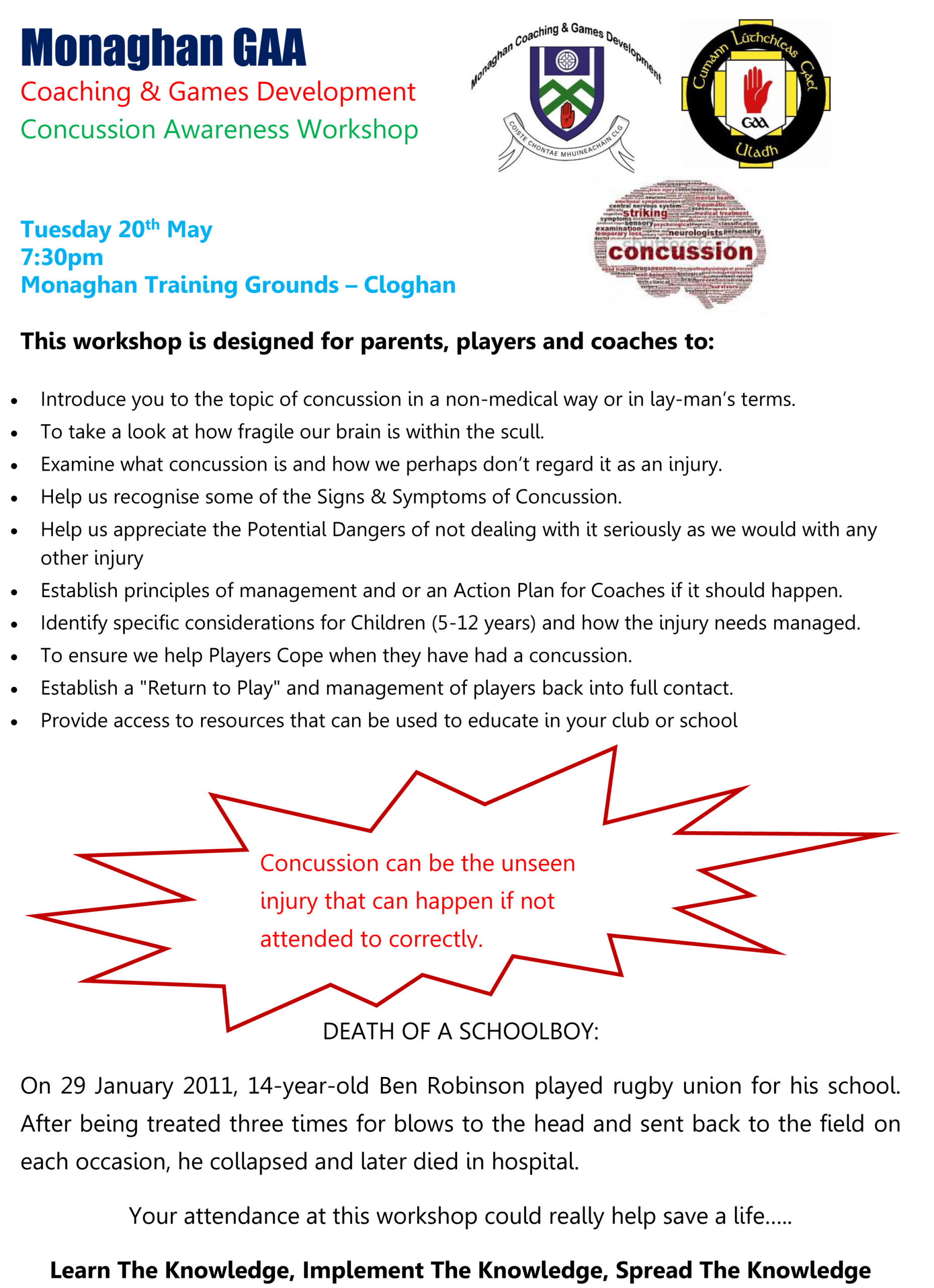 Concussion Awareness Workshop CHANGE OF DATE Tuesday 20th of May